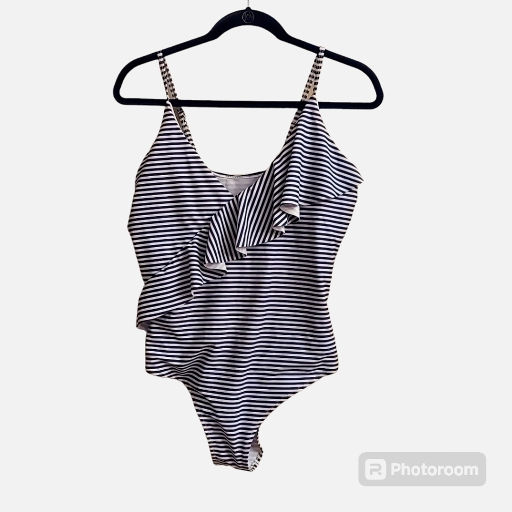 AMAZON Navy Blue and White Striped  One Piece Nautical Bathing Suit Front Ruffle